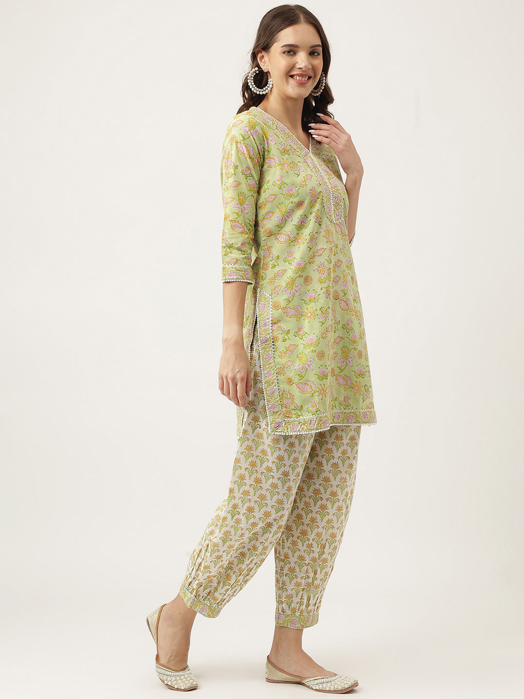 Eshani Green Floral Printed Cotton Straight Short Kurta, trousers with Dupatta Set