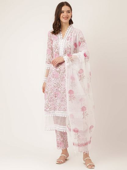 Eshani White Hand Block Floral Print Cotton  Kurta, Trouser & Dupatta