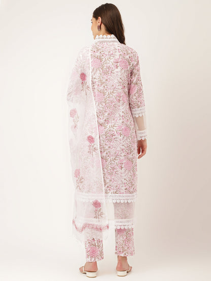 Eshani White Hand Block Floral Print Cotton  Kurta, Trouser & Dupatta