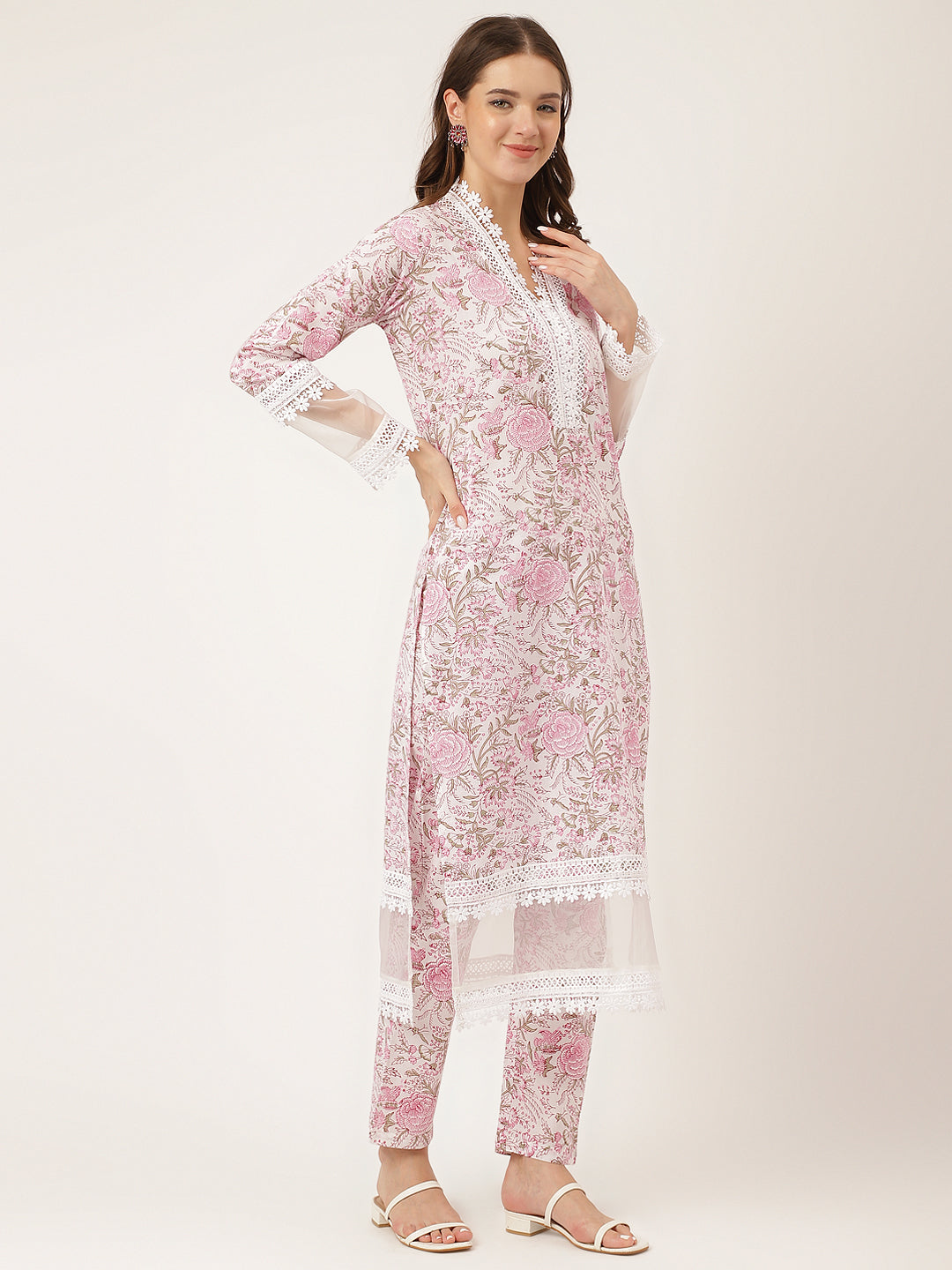 Eshani White Hand Block Floral Print Cotton  Kurta, Trouser & Dupatta