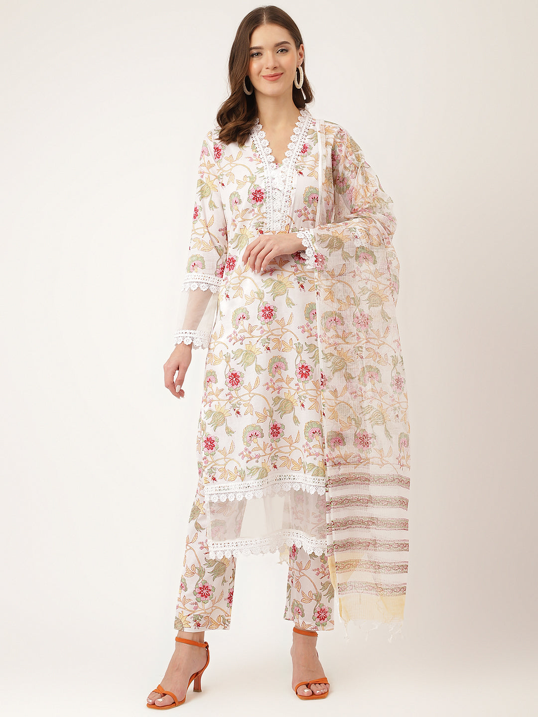 Eshani White Hand Block Floral Print Cotton  Kurta, Trouser With Dupatta