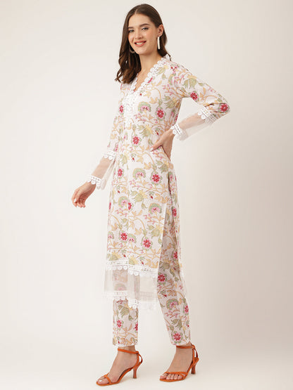 Eshani White Hand Block Floral Print Cotton  Kurta, Trouser With Dupatta