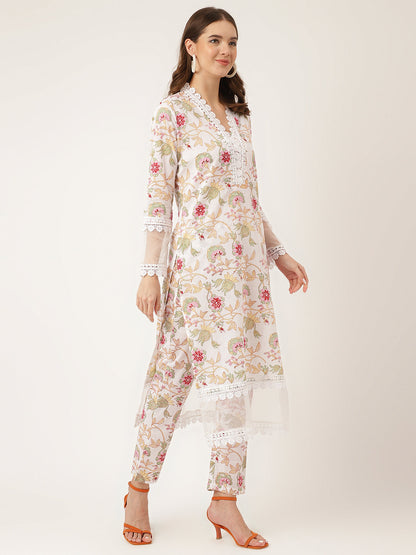 Eshani White Hand Block Floral Print Cotton  Kurta, Trouser With Dupatta