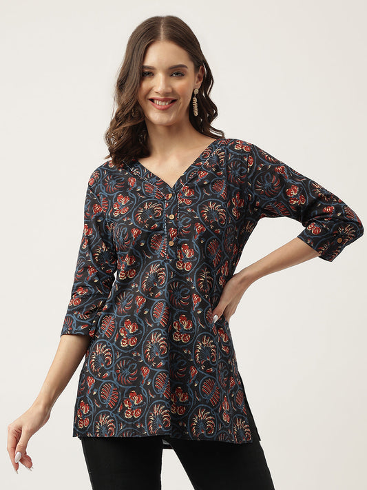 Eshani Navy Blue Floral Printed Cotton Peplum V-Neck Top