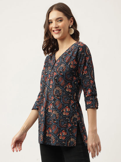 Eshani Navy Blue Floral Printed Cotton Peplum V-Neck Top