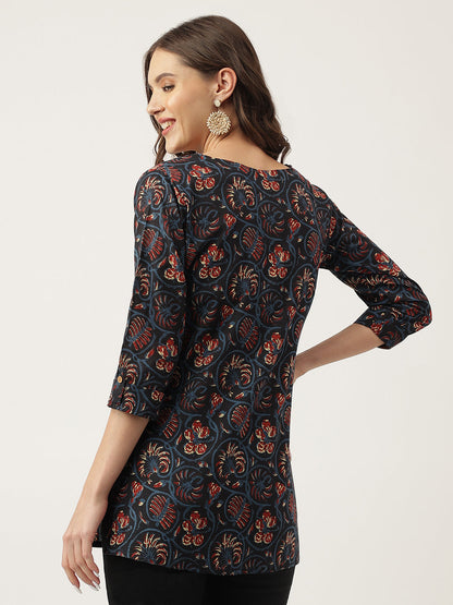 Eshani Navy Blue Floral Printed Cotton Peplum V-Neck Top