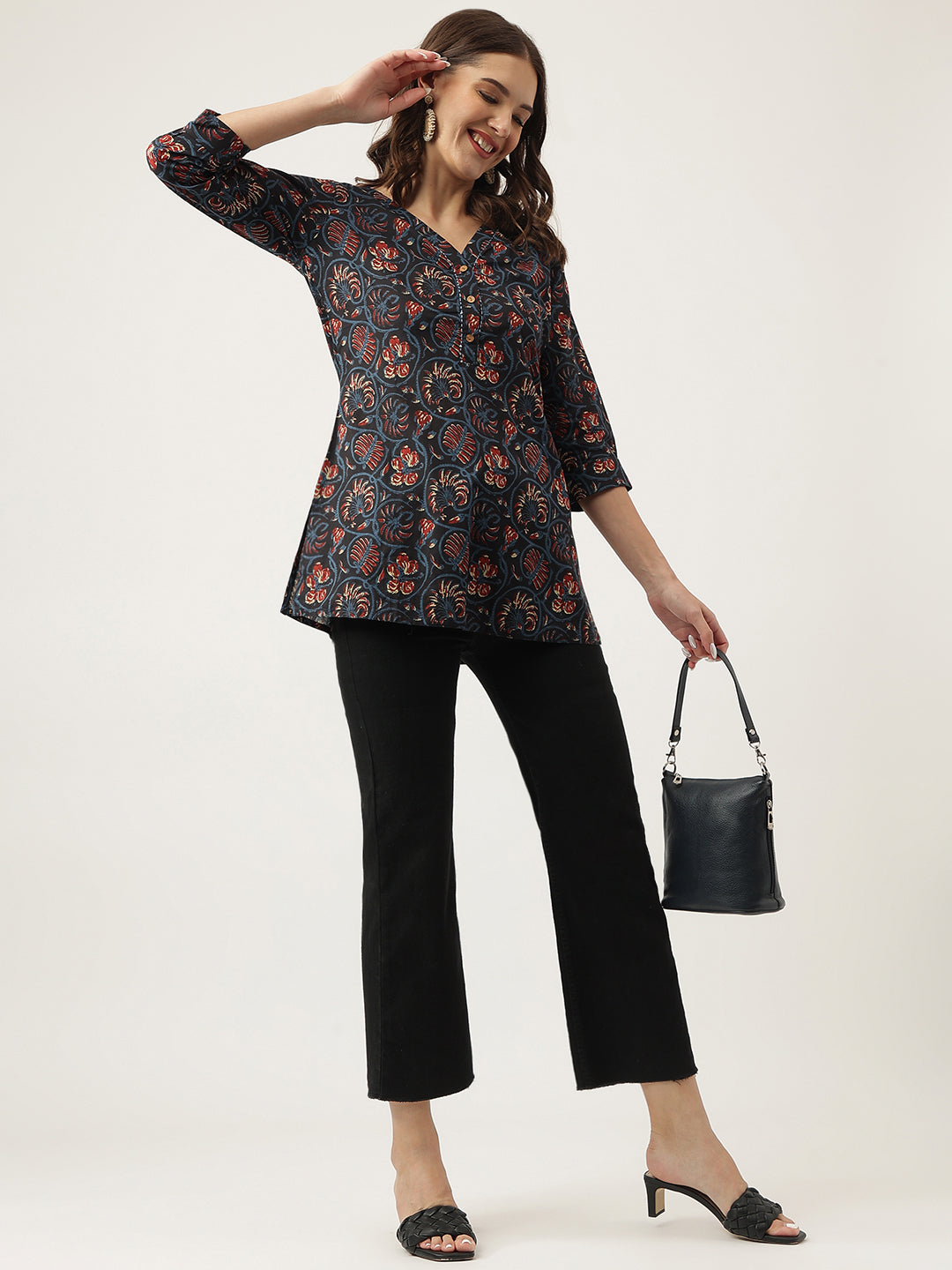 Eshani Navy Blue Floral Printed Cotton Peplum V-Neck Top