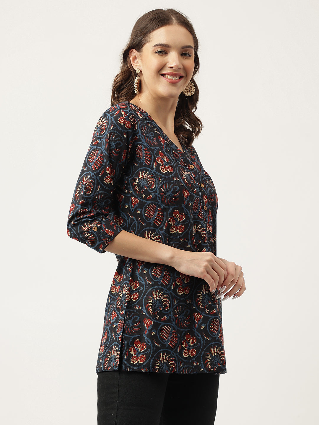 Eshani Navy Blue Floral Printed Cotton Peplum V-Neck Top