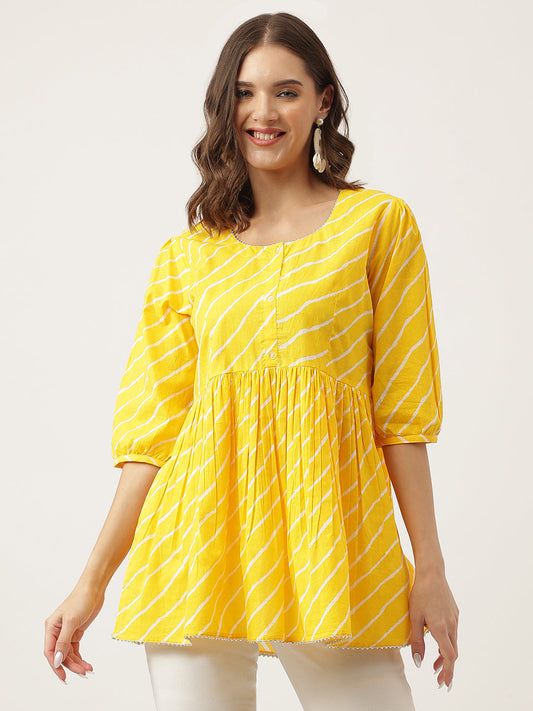 Eshani Stripe Printed Yellow Regular Cotton Top