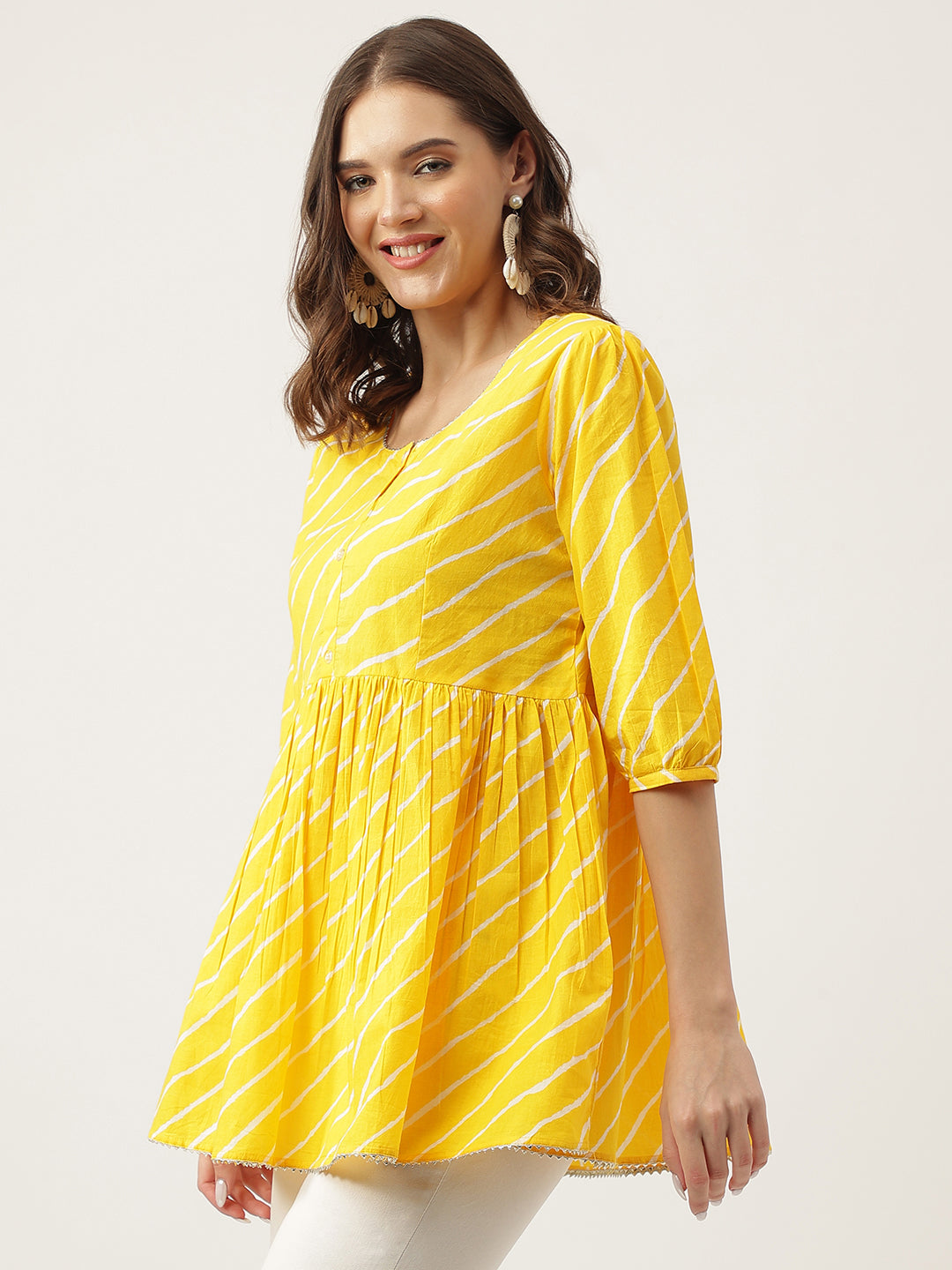 Eshani Stripe Printed Yellow Regular Cotton Top