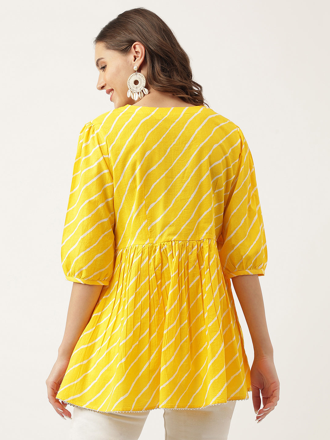 Eshani Stripe Printed Yellow Regular Cotton Top