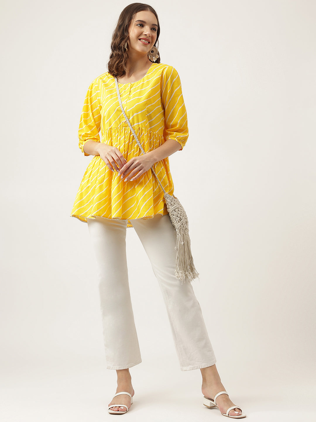 Eshani Stripe Printed Yellow Regular Cotton Top