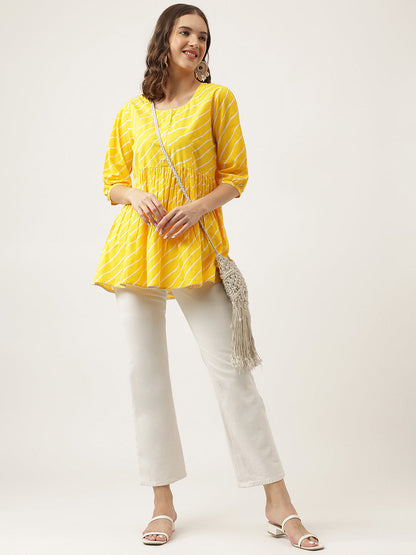 Eshani Stripe Printed Yellow Regular Cotton Top