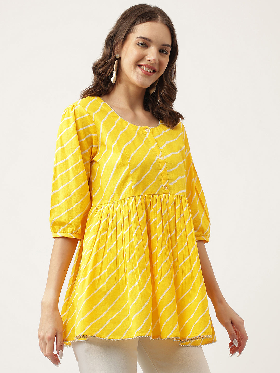 Eshani Stripe Printed Yellow Regular Cotton Top