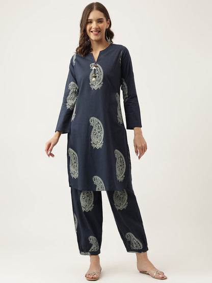 Eshani Navy Cotton Paisley Print Kurta Hem Cuffed Pant set