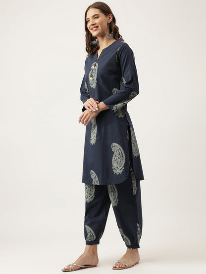 Eshani Navy Cotton Paisley Print Kurta Hem Cuffed Pant set