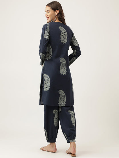 Eshani Navy Cotton Paisley Print Kurta Hem Cuffed Pant set