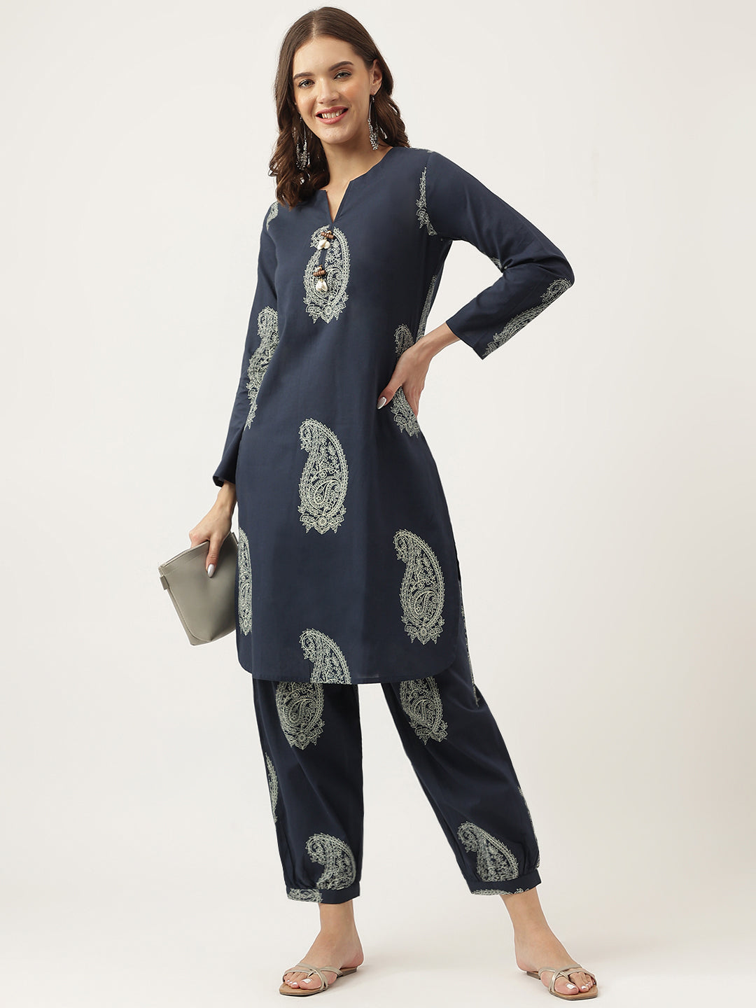 Eshani Navy Cotton Paisley Print Kurta Hem Cuffed Pant set