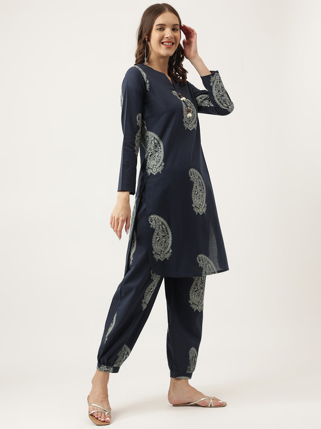 Eshani Navy Cotton Paisley Print Kurta Hem Cuffed Pant set