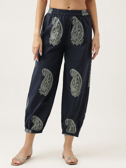 Eshani Navy Cotton Paisley Print Kurta Hem Cuffed Pant set