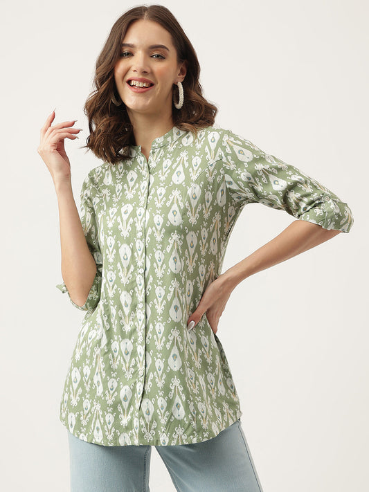 Eshani Green & White Floral Foil Printed Rayon Shirt Style Top