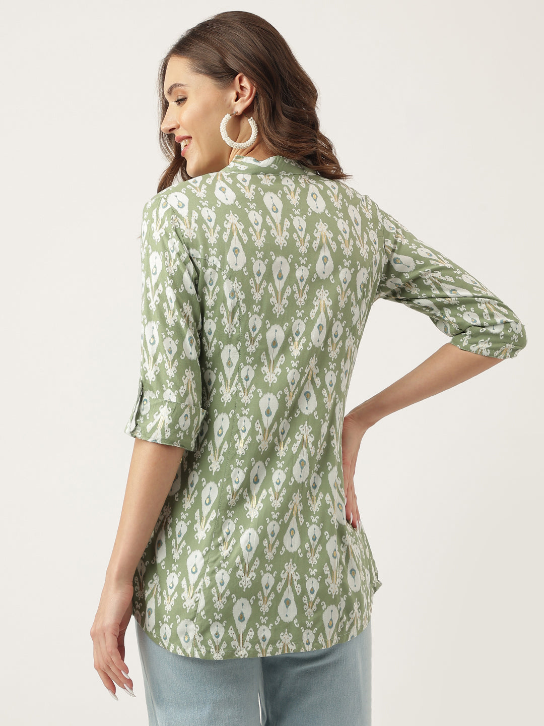 Eshani Green & White Floral Foil Printed Rayon Shirt Style Top