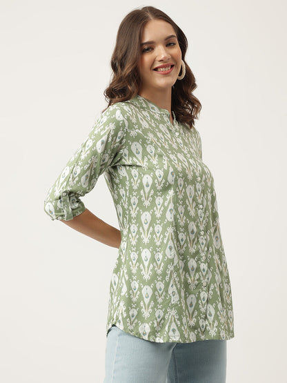 Eshani Green & White Floral Foil Printed Rayon Shirt Style Top