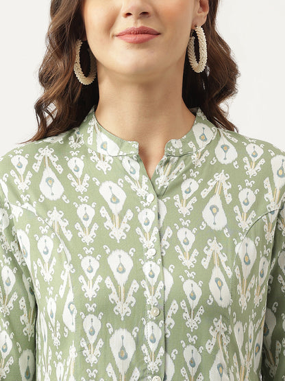 Eshani Green & White Floral Foil Printed Rayon Shirt Style Top