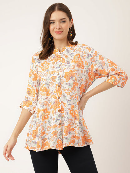 Eshani Orange Floral Print Rayon Regular Top