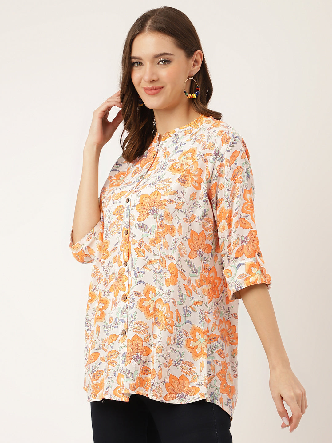 Eshani Orange Floral Print Rayon Regular Top