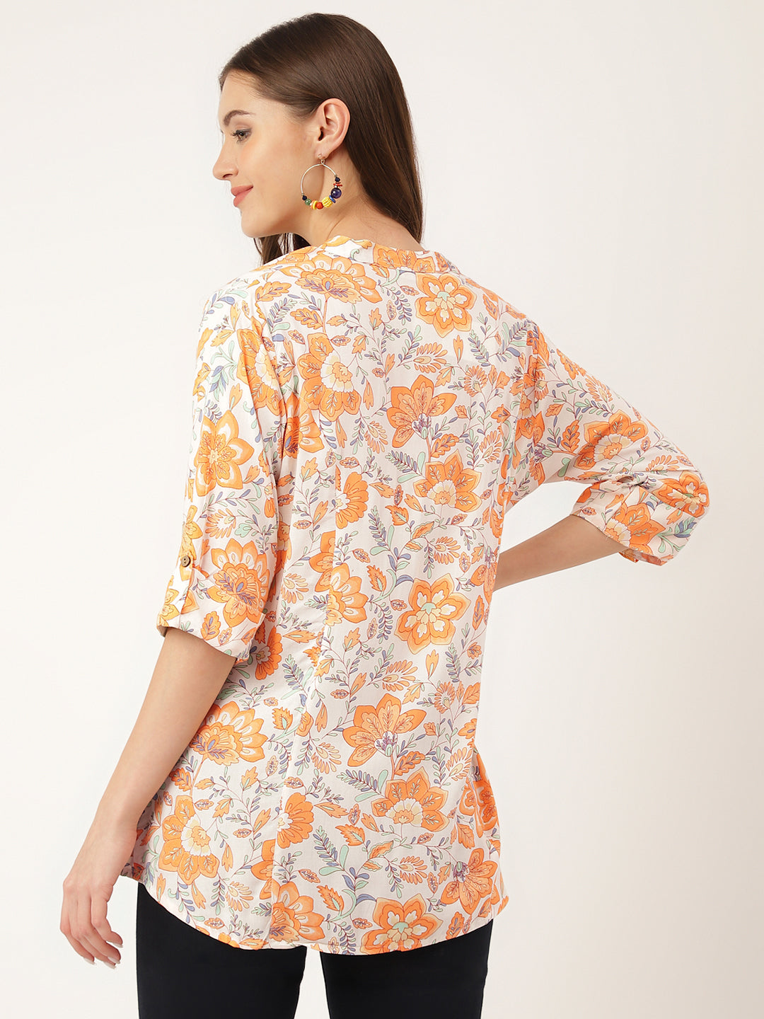 Eshani Orange Floral Print Rayon Regular Top