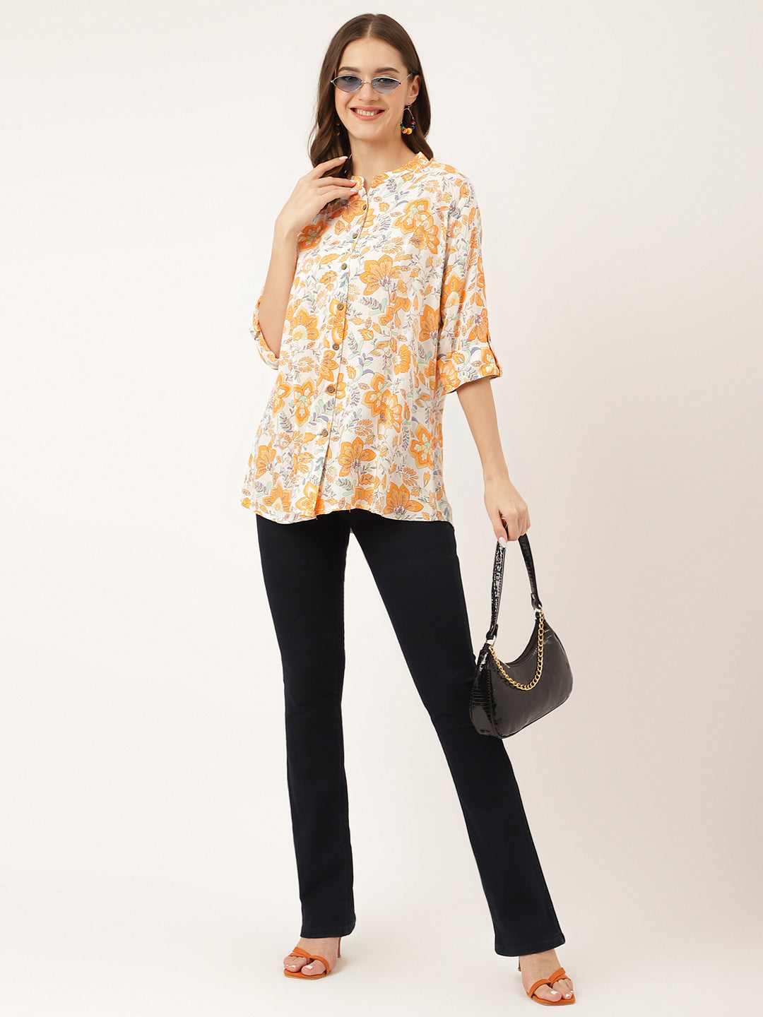 Eshani Orange Floral Print Rayon Regular Top