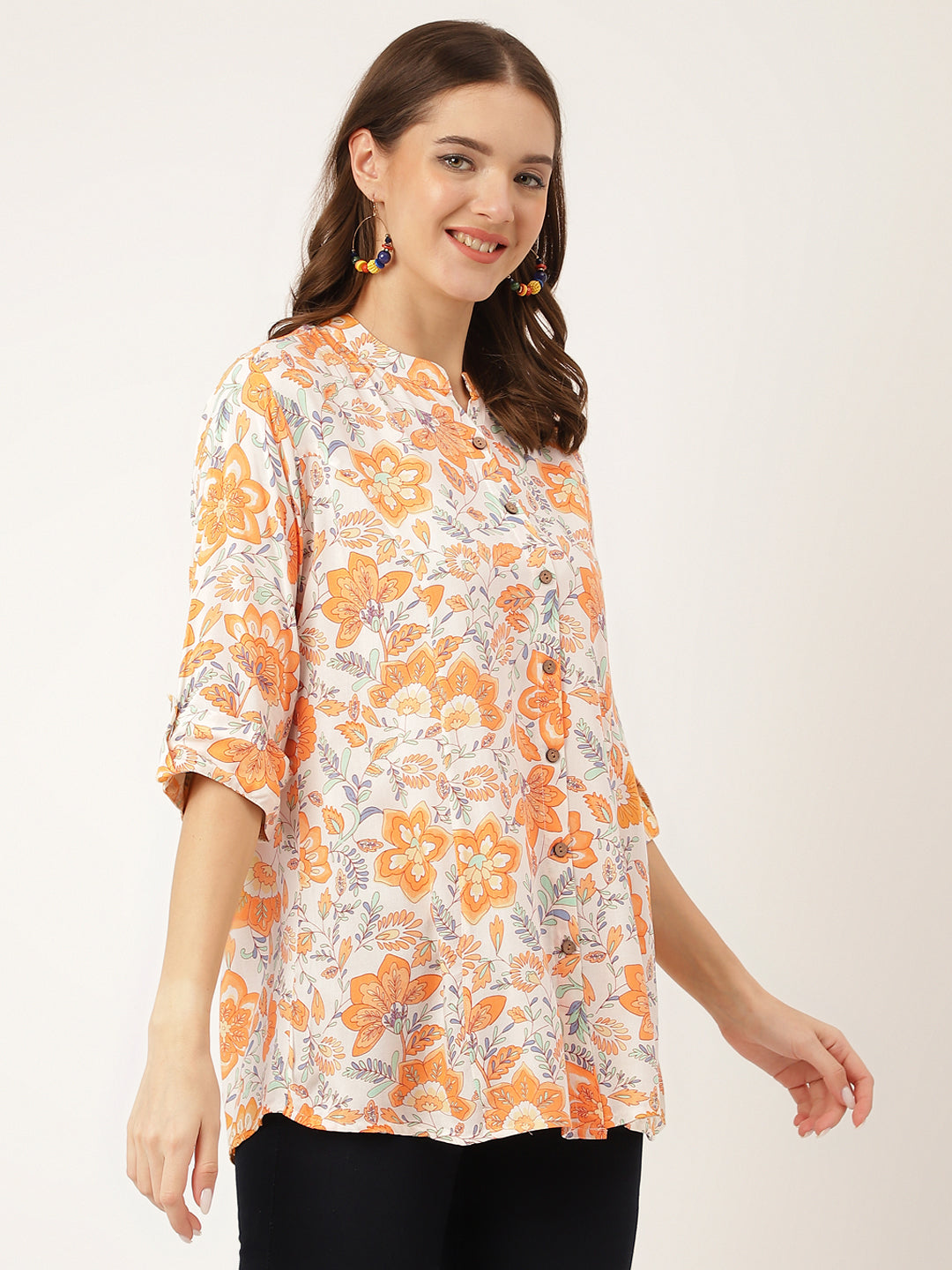 Eshani Orange Floral Print Rayon Regular Top