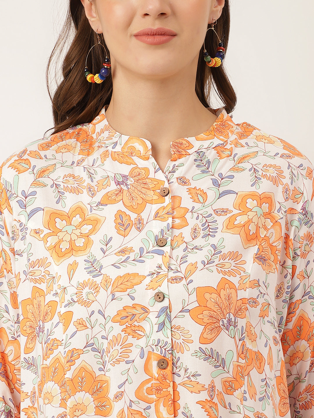 Eshani Orange Floral Print Rayon Regular Top