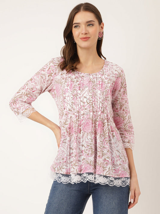 Eshani Pink Floral Print Cotton Peplum Top with Pintuck Detailing