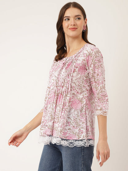 Eshani Pink Floral Print Cotton Peplum Top with Pintuck Detailing