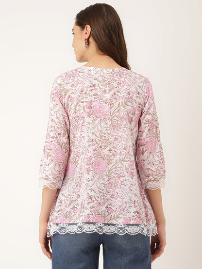 Eshani Pink Floral Print Cotton Peplum Top with Pintuck Detailing