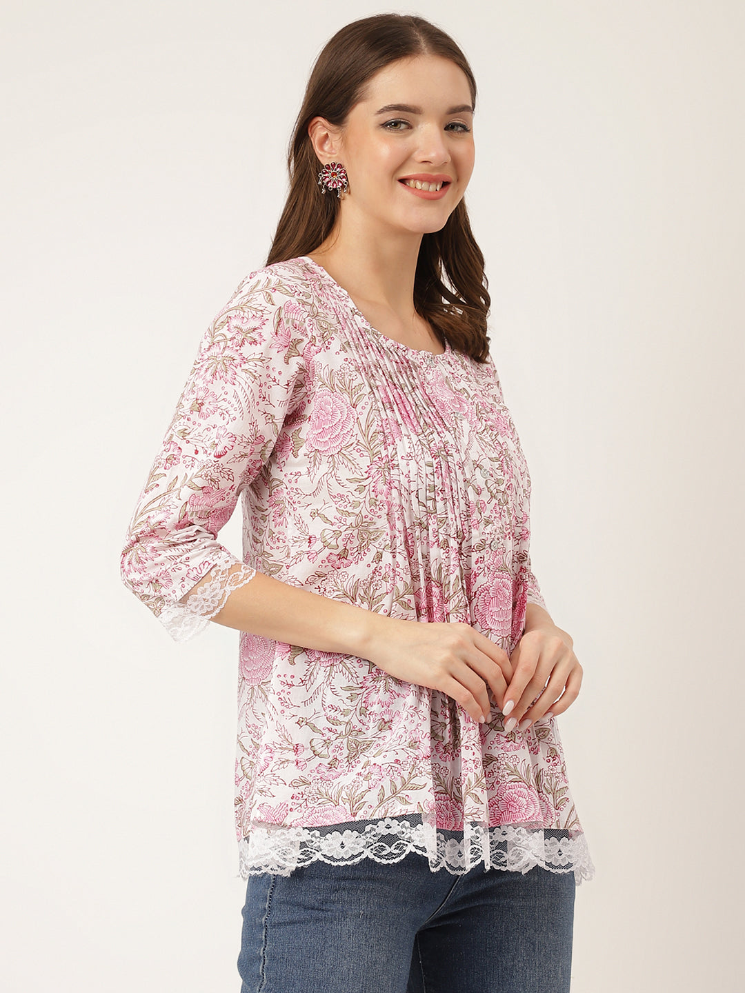 Eshani Pink Floral Print Cotton Peplum Top with Pintuck Detailing