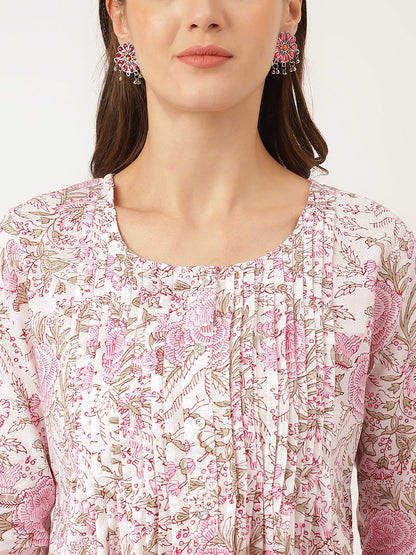 Eshani Pink Floral Print Cotton Peplum Top with Pintuck Detailing