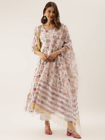 Eshani White Handblock Floral Printed Cotton Anarkali Kurta Set with Kota Doria Dupatta