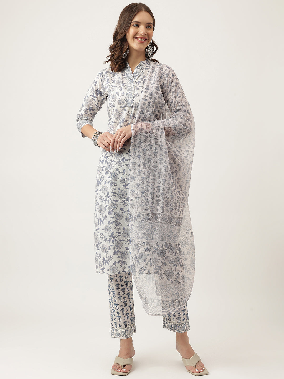 Eshani Sky Blue Floral HandBlock Printed Cotton Straight Kurta, trousers with Dupatta Set