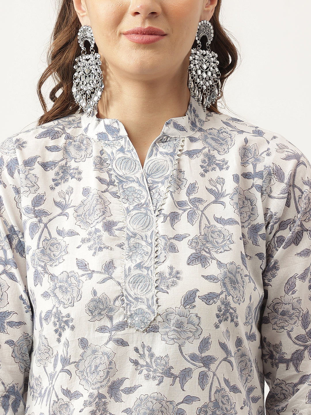 Eshani Sky Blue Floral HandBlock Printed Cotton Straight Kurta, trousers with Dupatta Set