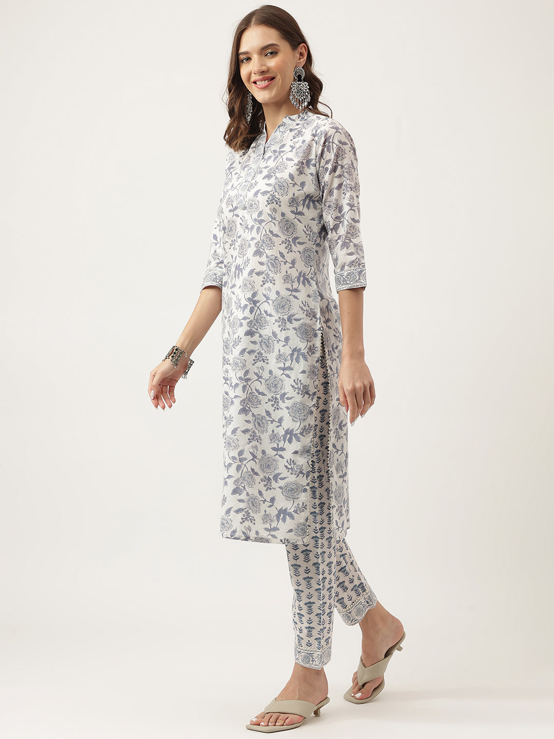 Eshani Sky Blue Floral HandBlock Printed Cotton Straight Kurta, trousers with Dupatta Set