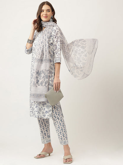 Eshani Sky Blue Floral HandBlock Printed Cotton Straight Kurta, trousers with Dupatta Set