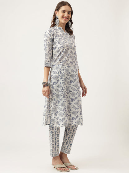 Eshani Sky Blue Floral HandBlock Printed Cotton Straight Kurta, trousers with Dupatta Set