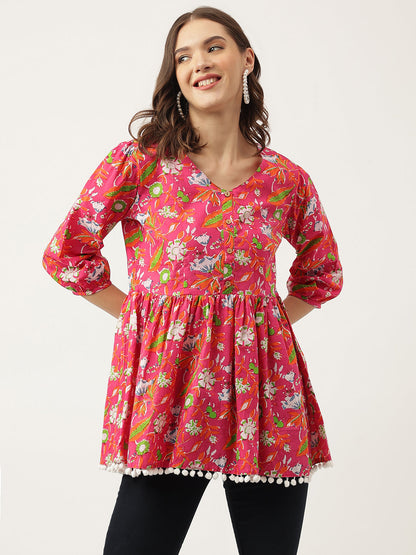 Eshani Pink Floral Printed Cotton Peplum Fit Top