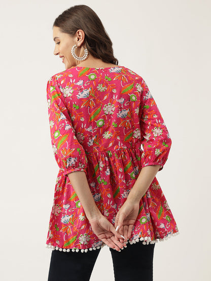 Eshani Pink Floral Printed Cotton Peplum Fit Top