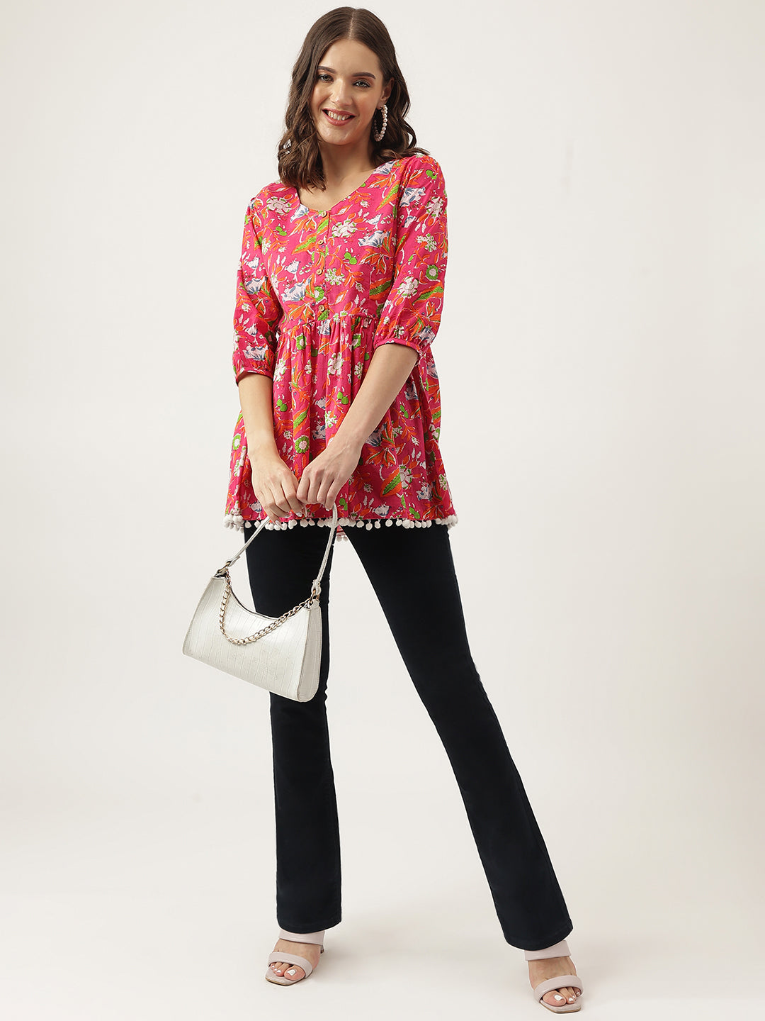 Eshani Pink Floral Printed Cotton Peplum Fit Top