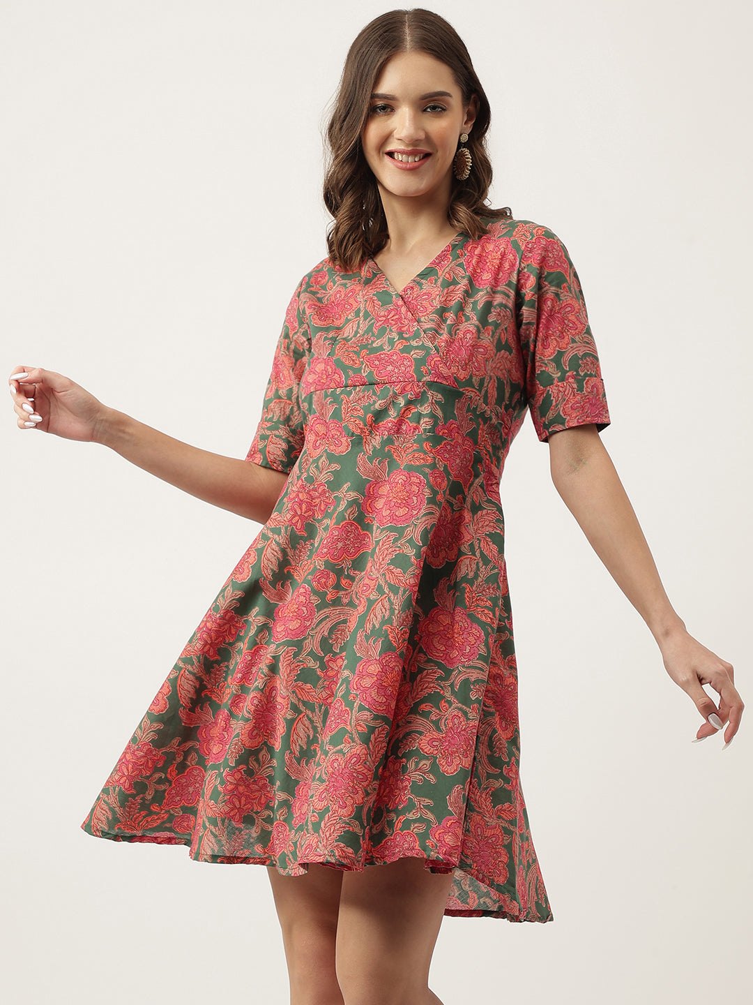 Eshani Grey Pink Floral Printed Cotton Fit & Flare Mini Dress