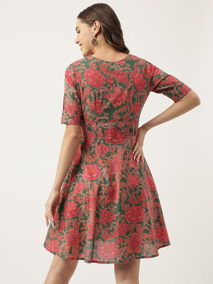 Eshani Grey Pink Floral Printed Cotton Fit & Flare Mini Dress